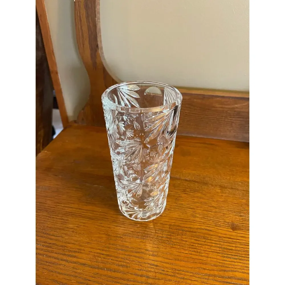 Vintage MCM Czech Republic Clear Cut Pressed Glass Cylander Vase 6 7/8”